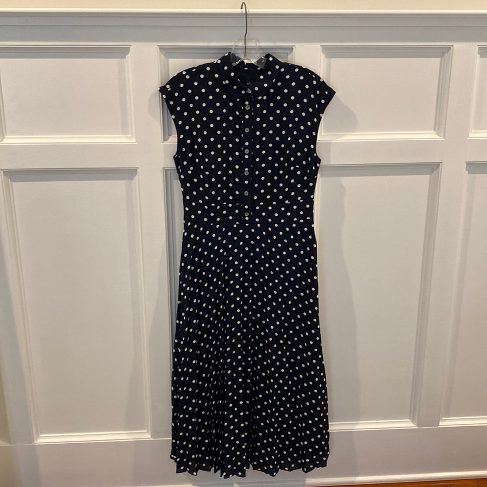 J. Crew, navy blue and white polka dot, midi length dress, Size 2